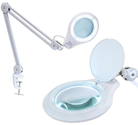 Neatfi Lámpara lupa LED de 1.200 lúmenes con abrazadera – Lente de 13 cm, 8 dioptrías, regulable, incluye paño de microfibra, lámpara para lectura, costura y manualidades (Blanco, 8 Dioptrías)