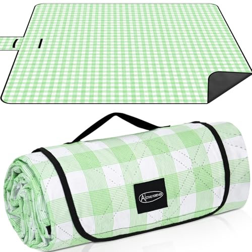 ACTIVE FOREVER Picnic Blanket Portable, 200 x 200CM Large Waterproof Picnic Mats with Carrying Handle, Outdoor Beach Blanket Sandproof for Camping, Beach, Garden, Family Picnic, Green Plaid
