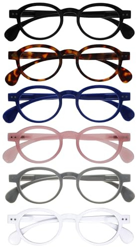 OPULIZE OCA Gafas de Lectura - Pack de 6 - Montura Moderna Retro Redonda - Negro, Marrón, Azul, Rosa, Gris, Blanco - Hombre Mujer - RRRRRR54-12347W - +2.50