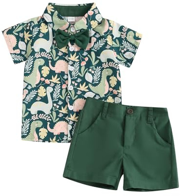 ESSECMBS Kleinkind Baby Jungen Sommer Niedliche Dinosaurier Bekleidungsset 2PCS Kurzarm Revers Kragen Button-Down-Hemden Bluse Einfarbige Kurze Hose Jungen Gentleman Kleidung (Dunkelgrün 1, 3-4 Jahre)