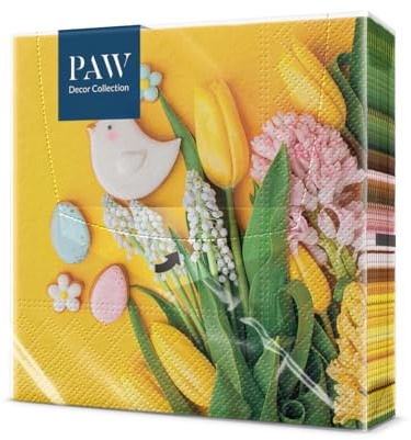 PAW - Serviette Papier 3 Plis (33 x 33 cm) I Lot de 20 I Parfait pour Pâques, les Fêtes, le Printemps et les Célébrations I Serviette de Table Fête de Pâques, Coloré - Doux Printemps