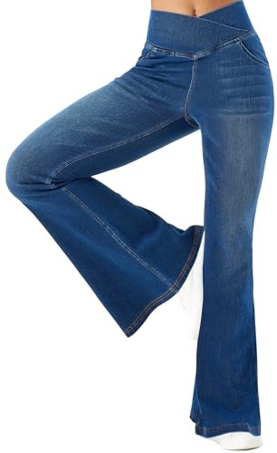 MONCCIZA Jeans a campana da donna a vita alta elasticizzati svasati jeans pull on crossover gamba larga pantaloni svasati con tasche, Blu medio, M