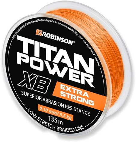 Robinson Geflochtene Angelschnur X8 - Angelschnur geflochten, 0,10mm - Tragkraft bis 8,5kg, 135m, ideal zum Spinnfischen - Titan Power ORANGE