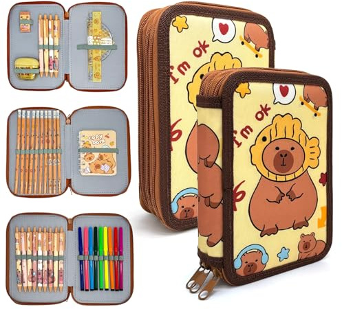 Ecoret-Pro 47 stycken Capybara pennfodral för pojkar och flickor, set med 3 fack, pennfodral med brevpapper, skolmaterial, pennfodral, inskolning, present, pennfodral, set för elever
