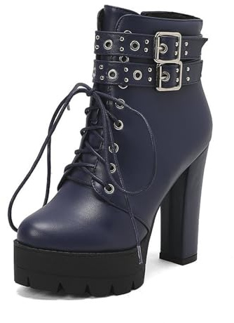 JMdfcqer Mode Bottines à Talons Hauts pour Femme Fermeture Éclair Plateforme Bottes avec Clous et Boucle à Bretelles,Bleu,40 EU