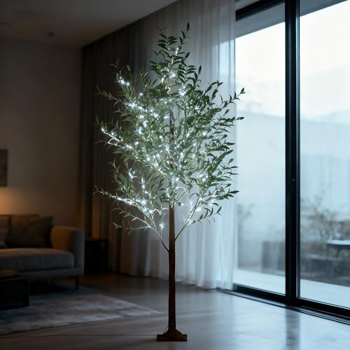 UISEBRT LED-upplyst olivträd, ljusträd med blad, IP44 vattentät, julgran för jul, bröllop, födelsedag, fest, vår, inomhus, utomhus, 180 cm, med 300 kalla vita lysdioder