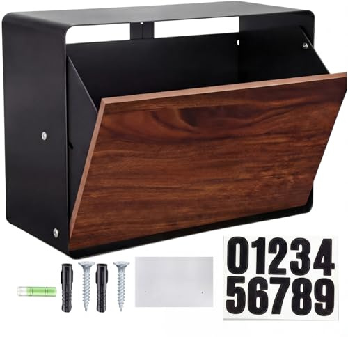 Fiwochic 15.87 x 11 x 6 Large Wall Mount Mailbox for Outside, Modern Mailbox with Walnut Wood Panel Large Capacity, Easy to Install Wall Mount, Galvanized Steel Rust Proof Box