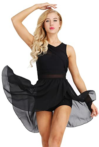 YiZYiF Femme Robe de Danse Ballet Latine Tutu Justaucorps Gymnastique Patinage Robe Danse Lyrique Contemporaine en Mousseline Asymétrique Robe Soirée Bal Performance Noir M