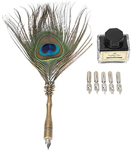 Vikye - Pluma de pavo real para escribir con tinta escritura, bolígrafo de caligrafía, retro, pluma de tinta endurecida a mano con 5 puntos para regalo o uso