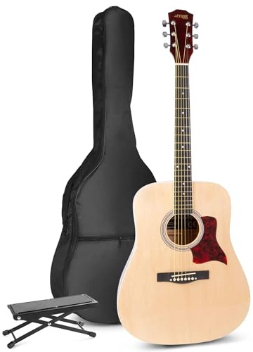 MAX SoloJam Akustik Gitarre Set - Westerngitarre, Fußstütze, Gitarrentasche, Plektrum, Gitarrenstimmgerät, Schultergurt, Saiten, Gitarren-Starterset mit Zubehör - Natur