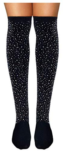 Yokawe Rhinestone Over Knee High Socks Sparkly Black Crystal Stockings Glitter Casual Stocking Cheerleader Costume for Women (US, Alpha, One Size, Regular, Regular, Black)