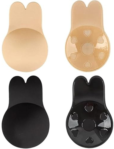 whiteswan 2 Pairs Invisible Lift-Up Bra, Adhesive Bra Anti-Penetration Point Breast Tape Push Up Strapless Nipple Covers (L-Diameter 11CM,Black+Skin Color)