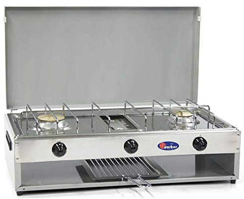 Fornello a gas Metano 2 fuochi con grill inox con valvole di sicurezza per uso interno CFParker mod 552RSGm Colore Grigio - Casa e Campeggio