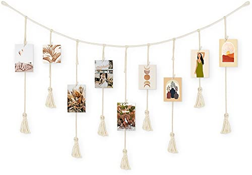 ecooe Cornici Foto Multiple da Parete con 30 Clip e 10 Unghie senza Tracce, Corda con Nappa Porta Foto con Mollette, Cornice Portafoto Collage per Appendere da Decorazione 100x60 cm