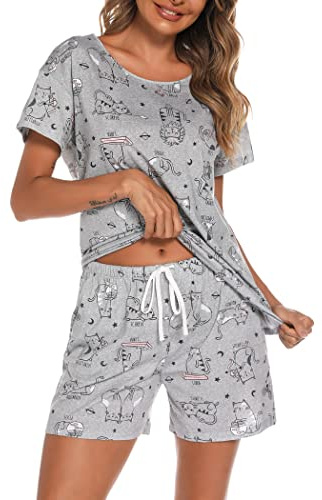 ENJOYNIGHT Women's Pyjama Sets Cotton Printed Nightwear Summer Pjs Set | 2 Piece Pajamas, Short-sleeved Crew Neck Top, Drawstring Shorts with Pockets, Soft Cotton Blend Fabric