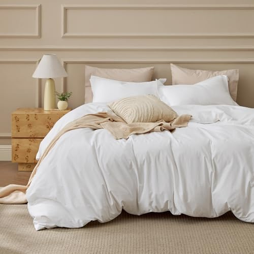 Bedsure 100% Washed Cotton Duvet Cover Full Size - Natural White Minimalist Cotton Duvet Cover Linen Like for All Seasons - GentleSoft™ Plain Simple Bedding (Natural White, Full, 80x90)
