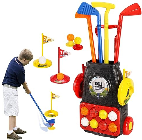 HYAKIDS Golf Set Spielzeug für Kinder mit 4 bunten Golfschläger 8 Golfbälle 2 Praxis Löcher und Golf Trolleys, Garten Kindergolf, Indoor und Outdoor Spielzeug für Jungen Mädchen ab 3 Jahren