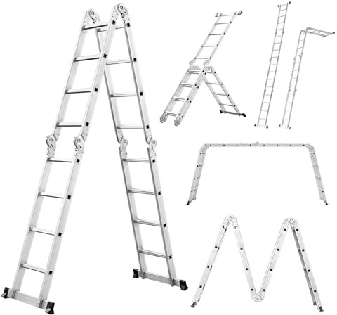 Miscoos Escalera Multifunción de Aluminio 6-en-1, Escalera Articulada Plegable 4x4 con 16 Peldaños, Antideslizante, Robusta, de Trabajo, 4.7 m, Capacidad de 150 kg