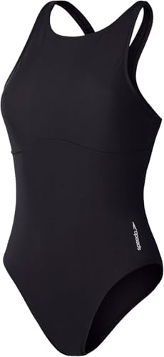 Speedo Costume da Bagno a Collo Alto Tinta Unita, Fitness, Morbidezza al Tatto, Costumi da Bagno Premium Costume da Bagno per Donna, Antracite, M