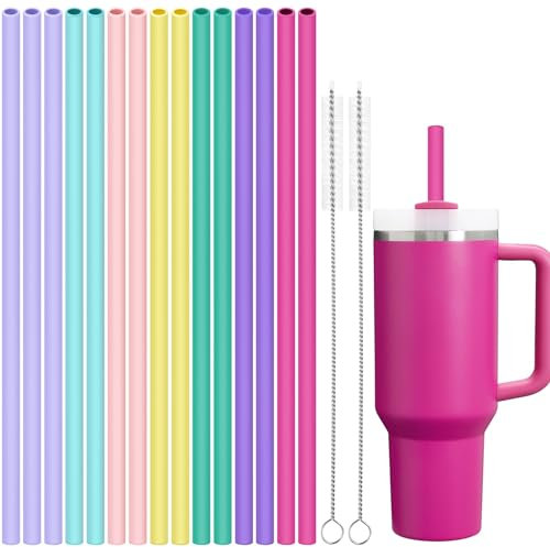 Tomorotec 15-Pack 12 Reusable Silicone Drinking Straws for Stanley Tumblers 20, 30, 40 oz with 2 Cleaning Brushes, BPA-Free Food-Grade Vibrant Colors Flexible Straws for Family Use (Girls Colors)