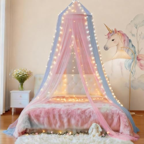 Eimilaly Zanzariera a baldacchino bicolore rosa blu con luci calde, baldacchino per camera delle ragazze, porta singola