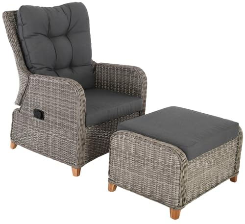 Raburg Garten-Relaxsessel mit Hocker, inkl. Polster, Gartenstuhl-Set, Bequeme Polster, pflegeleichtes & wetterfestes Polyrattan, 130 kg Belastbarkeit, Graubraun/Dunkelgrau, Alisa
