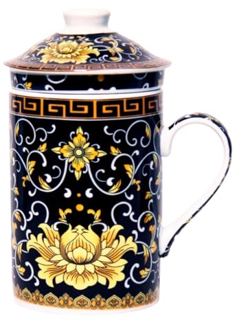 Keramisk tekopp med lock + tefilter för löst te med asiatiskt design (gul vattenlilja, 497) Kinesisk japansk tekopp för teälskare, porslin kaffe presentuppsättning Asien kopp