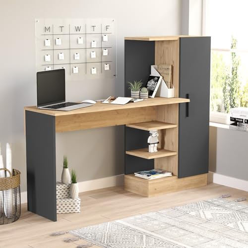 [en.casa] Scrivania con Armadio Integrato e Ripiani Aperti per Cameretta Tavolo da Ufficio Studio Postazione di Lavoro Computer con Piano 120 x 40 cm - Effetto Rovere/Antracite