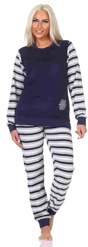 Normann Geringelter Damen Frottee Schlafanzug Langarm Pyjama mit Eiskristall, Farbe:Navy, Größe:36-38