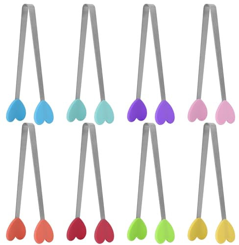 Neheewin - Set di mini pinze in silicone, 8 pezzi, 14 cm, piccole pinze da portata per bambini, cibo, cucina, antipasti, cubetti di ghiaccio, frutta, zucchero (a forma di cuore)