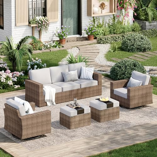 MIXPATIO Patio Furniture Set, 5 Pieces Outdoor Furniture Sets, Wicker Rattan Conversation Sets with 2 Swivel Chairs and 2 Ottomans, High Back Conversation Set for Garden, Backyard, Pool, Grey