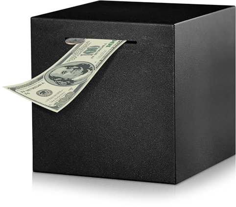 Mincloss Tirelire pour adulte - En acier inoxydable noir mat - Grande tirelire difficile à ouvrir - En métal - Pour adultes et enfants (12 x 12 x 12 cm