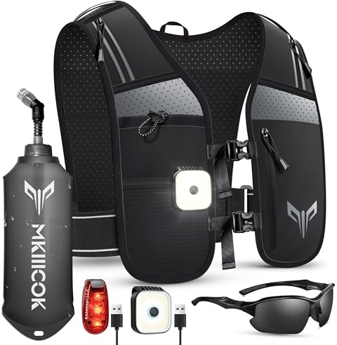 Gilet da corsa a LED, per uomo e donna, con bottiglia, design leggero e traspirante, con riflettori a 360°, pratico supporto per cellulare, perfetto per jogging e oscurità