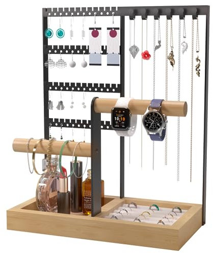 Benxdara Soporte Para Joyas, Organizador y Expositor de Joyas de 4 Niveles con Bandeja, Organizador Pendientes Soporte de Exhibición para Collares, Pendientes, Anillos, Pulseras, Negro