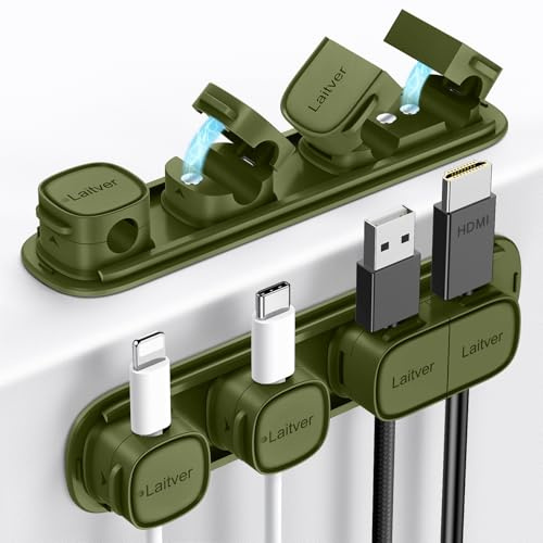 Cable Clips Holders - Laitver 6 Pack [Magnetic Buckle 1s Open/Lock] Cable Tidy Cord Organiser Management, No-Residue Strong Adhesive Desk Wire Charging Cords Keeper for Home, Office- Deep Green