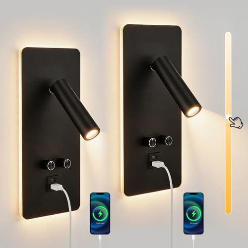 2Pcs Lampada da Lettura, Lampada da Parete a LED con Iinterruttore e ricarica USB, lampada da lettura a parete 3W+9W 3000K, Applique da Lettura Regolabile, 350 ° Letto Rotante Luce di Lettura(A)