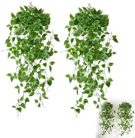 Sxingh 2 stycken konstgjord hängväxt – realistiskt grönt blad med täta blad, hängande växter konstgjorda för vägg, balkong, trädgård, bröllop och heminredning dekoration (modell D)