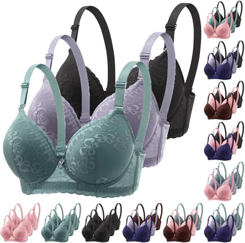 Pack de 3 Sujetadores con Aros Mujer Push Up Bralette Clásicos de Encaje Sujetador con Escote en V Sexy Sostenes Básicos Cómodo sin Costuras Bra Suave para Diario