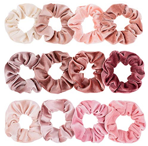 Whaline 12Pcs Blush Theme Scrunchies Velvet Elastics for Women Pink Bobbles Soft Lovers Scrunchy Classic Thick Hair Bands Ties Gifts for Teenage Girls