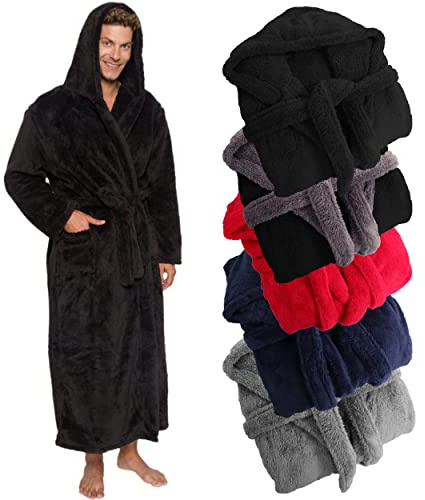 Ross Michaels Mens Luxury Robe Hooded Big and Tall - Long Plush Fleece Bath Robe with Hood and Pockets- Gift Men and Teens