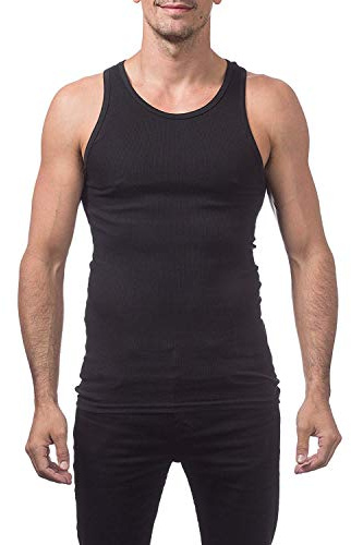 Pro Club Men's Premium Ringspun Cotton Ribbed A-Shirt, Black (3 Pack), Large