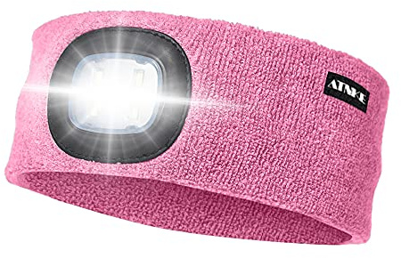 ATNKE LED Lighted Headband, USB Rechargeable Running Hat Ultra Bright 4 LED Waterproof Light Lamp Headlamp High Stretch Moisture Wicking Multi-Color/Pink