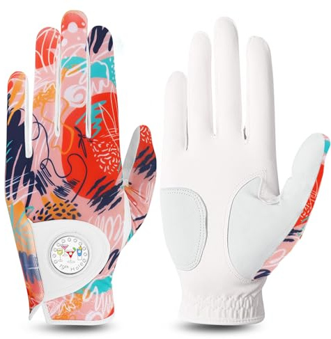 FINGER TEN Guanti da golf da donna in pelle per mano sinistra con marcatori per palline luccicanti, guanti colorati per destrorsi e per tutte le condizioni atmosferiche (arancione, medio, sinistro)