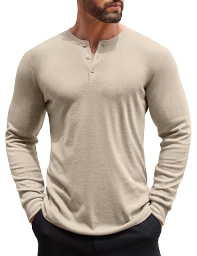 COOFANDY Men's Henley Shirts Long Sleeve Basic Pullover Shirt Lightweight Casual Button T-Shirts Heather Khaki