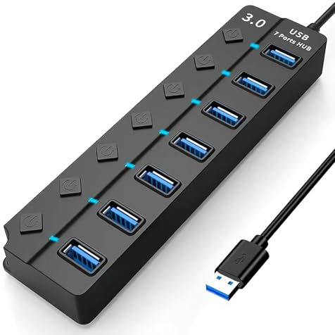 7-Port USB 3.0 Hub Multiport Splitter with Individual Power Switches and Lights Adapter Extension High-Speed Data for Apple MacBook Air MacBook Pro Mac iMac Mac Pro Windows (USB hub)