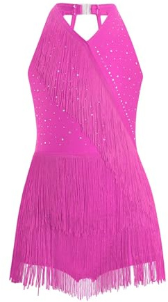 Xnihocha Big Girls Sleeveless Latin Jazz Dance Dress Halter Tassel Leotards Ballroom Tango Performance Dancewear Hot Pink 11-12 Years