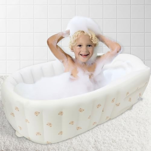Inflatable Baby Bathtub Non-Slip Travel Baby Bath Tub Built in Air Pump Ergonomic Blow Up Bathtub for Toddlers Foldable Inflatable Infant Bath Tub with Drain Stopper for Toddler(Bear Head Style)