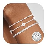 Finrezio 3 Pcs Silver Bracelets for Women Sterling Silver Bracelet Set Layered Dainty Link Chain with Cubic Zirconia Bracelet Adjustable Stackable Beaded Ladies Silver Bracelets Jewelry for Women