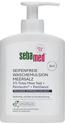 SEBAMED seifenfreie Waschemulsion Meersalz mit Spender 200 ml, für eine besonders milde Reinigung der trockenen und empfindlichen Haut, zur Hand-, Gesichts- und Körperreinigung geeignet