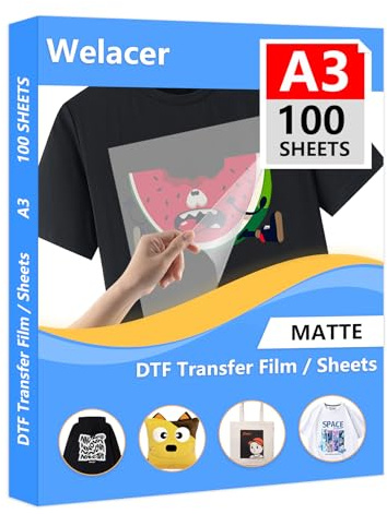 Welacer A3(29.7cm x 42cm) 100 Sheets DTF Transfer Film Direct Print for Sublimation Matt Double Side, Clear DTF PET Transfer Film Paper Sheets for Inkjet Printer